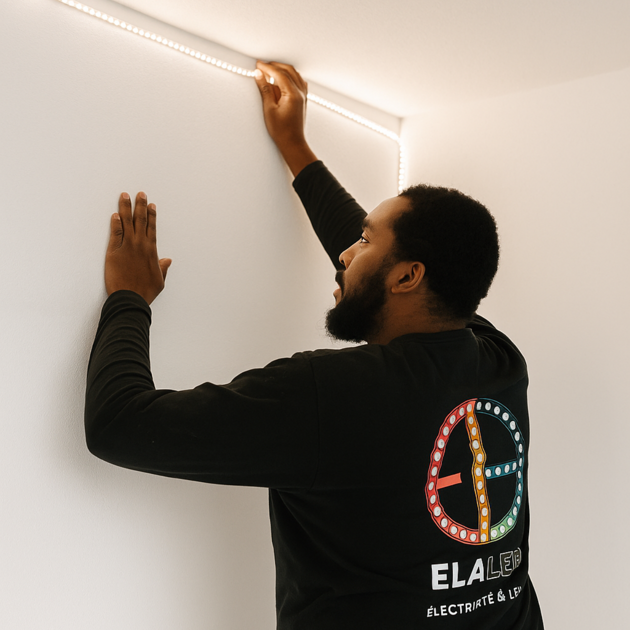 Électricien installant un éclairage LED mural dans un intérieur moderne – entreprise ELALED, spécialisée en rénovation électrique et mise en lumière sur mesure